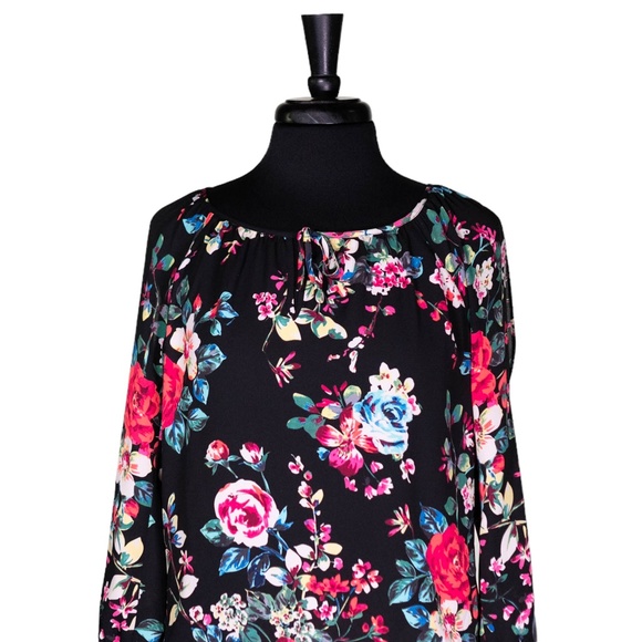 Express Women's Blouse Floral 3/4 Sleeve Keyhole Colorful Artsy Crop Top Small - Picture 5 of 10